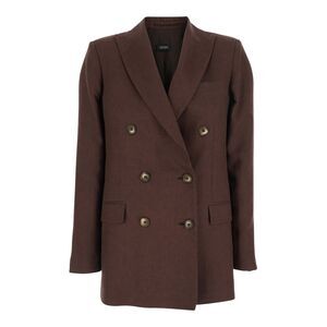 Plain Women Brown Double-Breasted Jacket With Peak Revers In Linen Woman